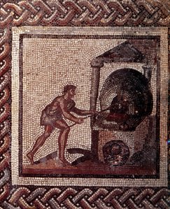Gallo Roman Art: mosaikkbelegg som representerer en rustikk kalender. Brødbakingsscene. Slutt 2., begynnelsen av 3. århundre etter JC. Fra Saint-Romain-en-Gal (Rhône). Saint Germain en Laye, Nasjonalmuseet for arkeologi av Gallo Roman
