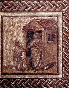Gallo Roman Art: mosaikkbelegg som representerer en rustikk kalender. Feiringsscene. Slutt 2., begynnelsen av 3. århundre etter JC. Fra Saint-Romain-en-Gal (Rhône). Saint Germain en Laye, Nasjonalmuseet for arkeologi av Gallo Roman