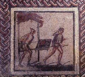 Gallo Roman Art: mosaikkbelegg som representerer en rustikk kalender. Gjødseltransportscene. Slutt 2., begynnelsen av 3. århundre etter JC. Fra Saint-Romain-en-Gal (Saint Romain en Gal, Rhone). Saint Germain en Laye, Nasjonalmuseet for arkeologi av Gallo Roman