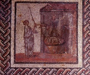 Gallo Roman Art: mosaikkbelegg som representerer en rustikk kalender. Verket har slipeskiven. Slutt 2., begynnelsen av 3. århundre etter JC. Fra Saint-Romain-en-Gal (Rhône). Saint Germain en Laye, Nasjonalmuseet for arkeologi av Gallo Roman
