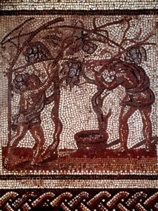 Galloromain kunst: høst: plukking av epler og høsting. Mosaikkbelegg som representerer en rustikk kalender fra Saint Romain en Gal. Slutt 2.-begynnelse 3. århundre. Saint Germain en Laye, Antikvitetsmuseet av Gallo Roman Gallo Roman