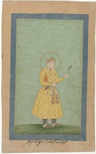 Portrett av Akbar, stående, med sky i hånden av Gangaram (attributed to)