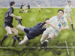 Rugbykamp: England mot New Zealand i verdensmesterskapet, 1991, Rory Underwood blir taklet (wc)