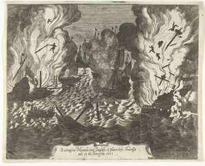 Slaget ved Lowestoft, 1665 Sjøslag mellom engelskmenn og nederlendere påfølgende 13. juni 1665 (tittel på objekt) av Gaspar Bouttats (attributed to)