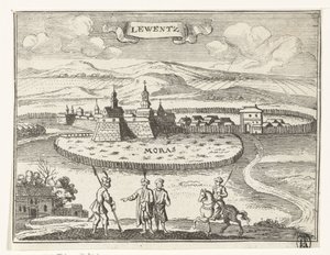 Utsikt over Levice Topografiske bilder av Østerrike, Ungarn og Balkan (serietittel) Kort beskrivelse, og aen-wysinghe der plaetsen i desen boeck, med deres teghen-ord, stående, pertinent uyt-ghebeldt, i Oostenryck (serien
