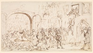 Saint Bartholomew's Day Massacre, ca. 1686 (svart kritt, penn og brunt blekk på lagt papir, med brune blekkrammelinjer)