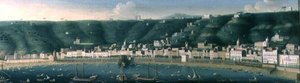Utsikt over Napoli fra havet med Castel dellOvo og forstaden Chiaia, 1731 av Gaspar Butler