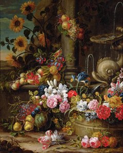 Stilleben av frukt og blomster