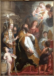 Saint Augustine of Hippo i ekstase. Helgenen besvimte og så på en hjertevinge i brann og omgitt av engler. Til venstre, Den Hellige Ånds due (Den Hellige Ånd). Maleri av Gaspar de Crayer (1584-1669), flamsk kunst fra 1600-tallet. Olje på lerret. Dim.