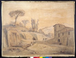 Den antikke fontenen og buen ved Grottaferrata, Roma (penn og blekk med akvarell på papir) av Gaspar van Wittel