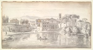 Kirke og hus langs en elv av Gaspar van Wittel