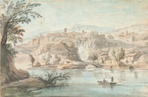Landskap i Tivoli, 1701-10 (penn, brunt blekk og farget vask på papir) av Gaspar van Wittel