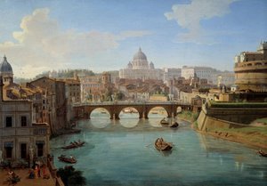 Utsikt over St. Peter-basilikaen i Roma, detalj av maleriet "" Utsikt over slottet St. Angelo i Roma" Panorama over byen, Tiberen og Castel Sant"Angelo, mausolee av keiser Hadrian"" Maleri av Gaspare Vanvitelli