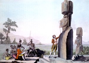 La Perouse med mannskapet sitt, måler statuene på Påskeøya (1786), gravering av Gaspard (after) Duche de Vancy