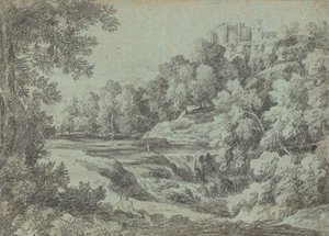 Italiensk landskap med festningsverk og en foss