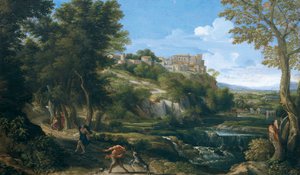 Landskap som viser dansende faun og nymfe 1667–1668, av Gaspard Dughet (1615–1675)
