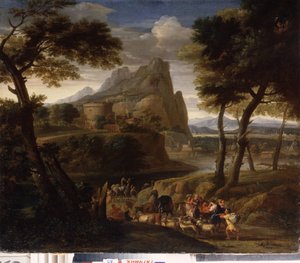 ""Landskap med en gruppe reisende"" (Landskap med campingvogn) Maleri av Gaspard Dughet (1615-1675) 1600-tallets statlige friluftsmuseum Palace Gatchina, St. Petersburg av Gaspard Poussin Dughet