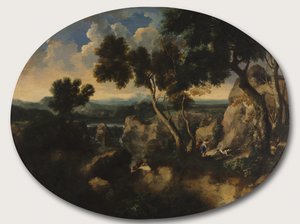Steinete landskap med jegere, ca. 1635 av Gaspard Poussin Dughet