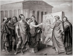 Den athenske politikeren Pericles (495-429 f.Kr.) og Aspasie hans følgesvenn styrer Phidias