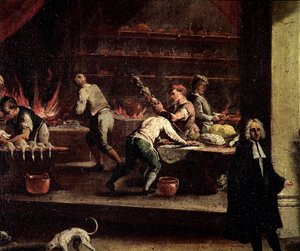 Venetianske kokker som jobber på et kjøkken Detalj - Maleri tilskrevet Gaspare Diziani (1698-1767), kokkekunstens fenrik (Arte dei cuochi) Venezia, Museo Correr