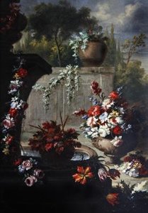 Stilleben av blomster i prydvaser (olje på kobber) (par til 379514)