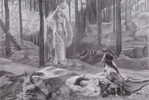 Åpenbaringen (Brunnhilde oppdager Sieglinde og Siegmund) (litho) av Gaston Bussiere