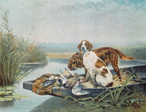 Jaktsuvenirer: "" hunder og vilt"" Akvarell av Jules og Gaston Gelibert (1800-tallet) Paris, dekorativ kunst