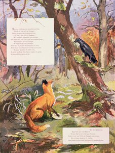 The Crow and the Fox, fra Fables av Jean de La Fontaine (1621-95) (fargegravering)