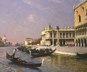 Venezia: Dogepalasset, Marciana-biblioteket og Santa Maria della Salute i det fjerne av Gaston Hippolyte Boucart