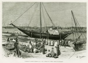 En tepe på Zanzibar-markedet (Tanzania). Gravering av G.Vuillier, for å illustrere historien Voyage among the Benadirs, Somali and Bayouns, i 1882 og 1883, av G.Revoil, i le tour du monde 1888, regissert av Edouard Charton (1807-1890), Hachette, Paris. av Gaston Vuillier