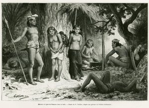 Bivuakk og lungetyper i skogen. Gravering av G.Vuillier, for å illustrere historien De Koutei a Bandjirmasin, reise gjennom Borneo, av Carl Bock, i le tour du monde 1890, regissert av Edouard Charton (1807-1890), Hachette, Paris. av Gaston Vuillier