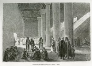 Inne i palasset til Emir Muhammad Ibn Abdullah Al Rashid (1872-1897), i Hail, Saudi-Arabia. Gravering av G.Vuillier, for å illustrere historien "" pelerinage au Nedjed, den arabiske rasens vugge"", av Lady Anna Blunt, i 1878-1879, publisert i Tour du mo