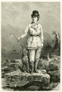 Portrett av Madame Marie De Ujfalvy-Bourdon, i reisedrakt, med hunden sin, gift med etnologen lingvist og oppdagelsesreisende Charles Eugene Ujfalvy (1842-1904), hun fulgte ham på alle hans ekspedisjoner. Gravering av G.Vuillier, etter naturen for å illust
