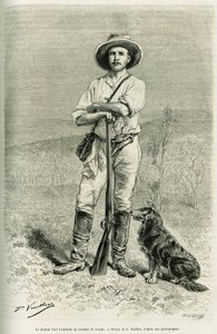 Portrett av den reisende forfatteren Carl Lumholtz. Gravering av G.Vuillier, for å illustrere historien Chez les cannibales, reise nord-øst i Australia av Gaston Vuillier