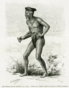 Sibou Mobang, sjef for kannibaler. Gravering av G.Vuillier, for å illustrere historien De Koutei a Bandjirmasin, reise gjennom Borneo, av Carl Bock, i le tour du monde 1890, regissert av Edouard Charton (1807-1890), Hachette, Paris. av Gaston Vuillier