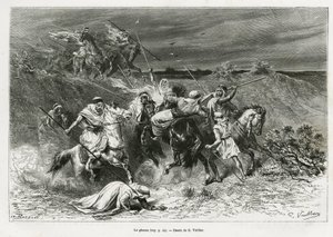 Ghazou, eller razzia, plyndrer med en hånd. Gravering av G.Vuillier, for å illustrere historien "" pelerinage au Nedjed, den arabiske rasens vugge"", av Lady Anna Blunt, i 1878-1879, publisert i Tour du monde, under ledelse av Edouard Charton (1807-