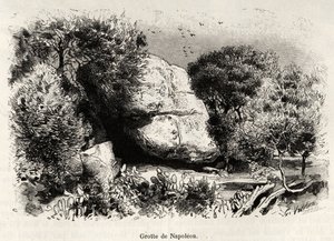 Hulen Napoleon, eller Napoleon Bonaparte (1769-1821) elsket å søke tilflukt som barn for å studere og meditere. Gravering og historie "" La Corse"" av Gaston Vuillier (1845-1915), i 1890, i Le tour du monde, nouveau journal des voyages, under ledelse av