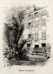 Fasaden til huset Bonaparte, der Napoleon Bonaparte (1769-1821) ikke er. Gravering og historie "" La Corse"" av Gaston Vuillier (1845-1915), i 1890, i Le tour du monde, nouveau journal des voyages, under ledelse av Edouard Charton (1807-189) av Gaston Vuillier