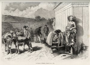 Fontenen til Rossello, i Sassari (Italia). Daglige aktiviteter, kvinne som fyller en criche og vannbærere med eslene sine, fyller tønnene. Gravering og historie "" La Sardaigne"" av Gaston Vuillier (1845-1915), i 1890, i Le tour du monde, nouv av Gaston Vuillier
