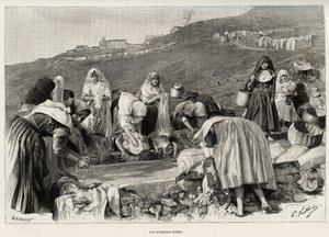 Lavendel fra Osilo (Italia), kvinner samlet seg rundt bassenget. Gravering og historie "" La Sardaigne"" av Gaston Vuillier (1845-1915), i 1890, i Le tour du monde, nouveau journal des voyages, under ledelse av Edouard Charton (1807-1890), 2. semester av Gaston Vuillier