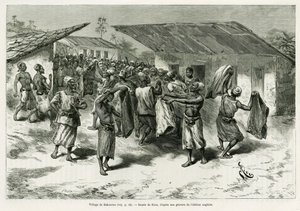 Landsbyen Bakourou, urbefolkningen tilbys gaver for fredsforhandlinger. Gravering av G.Vuillier, for å illustrere historien Dans les tenebres de l