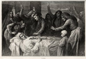 Vokeren, korsikansk funebre-sang som ber om hevn. Gravering og historie ""La Corse"" av Gaston Vuillier (1845-1915), i 1890, i Le tour du monde, nouveau journal des voyages, under ledelse av Edouard Charton (1807-1890)