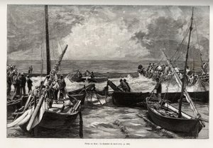 Tunfiske (mattanza): dødskammeret, tunfiskpresser på trange steder er dekket av fiskernes harpuner. Gravering og historie "" La Sardaigne"" av Gaston Vuillier (1845-1915), i 1890, i Le tour du monde, nouveau journal des voyages, under t.