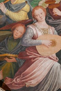 Detalj av den hellige jomfrus antagelse, kjent som "Englekoret som spiller musikk", Dome of the transept, fra 1534 (fresco) av Gaudenzio Ferrari