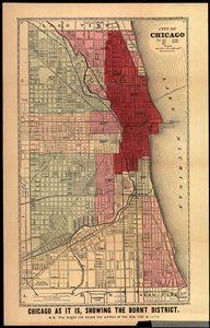 Chicago As It Is, Showing the Burnt District, fra History of the Great Fires in Chicago and the West av Edgar Johnson Goodspeed, utgitt Chicago, 1871 (håndfarget lito) av Gaylord Watson