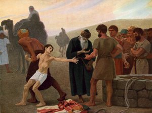 Joseph blir solgt til slaveri av sine sjalu brødre, ca. 1940 (farge litho)