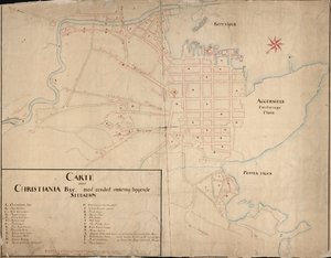 Norsk bokmål:  Kart fra Nasjonalbibliotekets kartsamling. Kartet er gitt ut i Håndtegnet (1649) og viser Christiania av Geelkerck