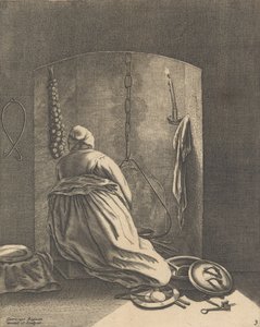 A Woman Cooking, plate 3 fra Five Feminine Occupations, ca. 1640-57., ca. 1640-57. av Geertruydt Roghman