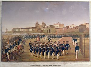 Skytingen av Pantaleon German de Ribon og hans 8 følgesvenner i Cartagena 24. februar 1816 (fargegravering) av Generoso Jaspe
