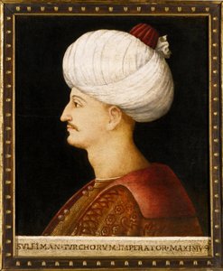 Portrett av Suleiman (Suleyman) I den storslåtte (1494-1566), osmansk sultan"" Anonymt maleri - Sultan Suleiman I den storslåtte av Bellini, hedning av Gentile (school of) Bellini